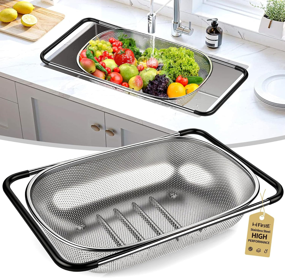 Stainless Steel Over the Sink Colander Strainer Basket 6 Quart