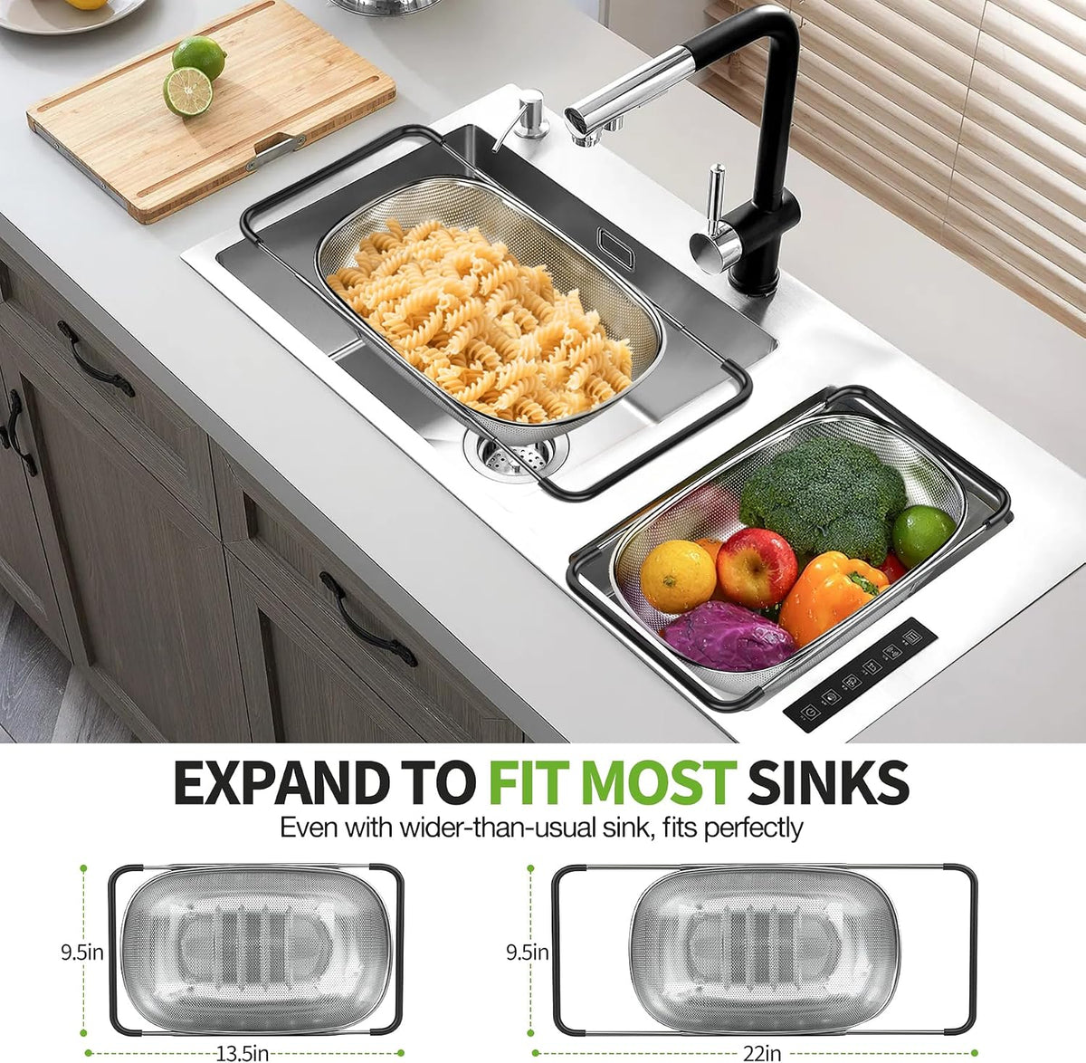 Stainless Steel Over the Sink Colander Strainer Basket 6 Quart