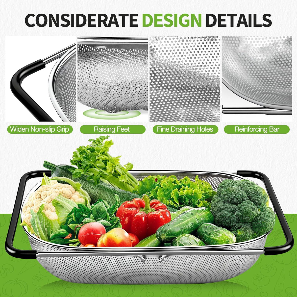 Stainless Steel Over the Sink Colander Strainer Basket 6 Quart