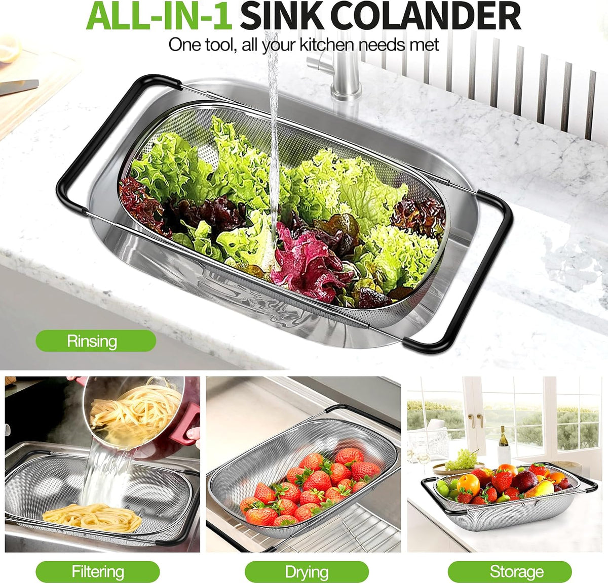 Stainless Steel Over the Sink Colander Strainer Basket 6 Quart