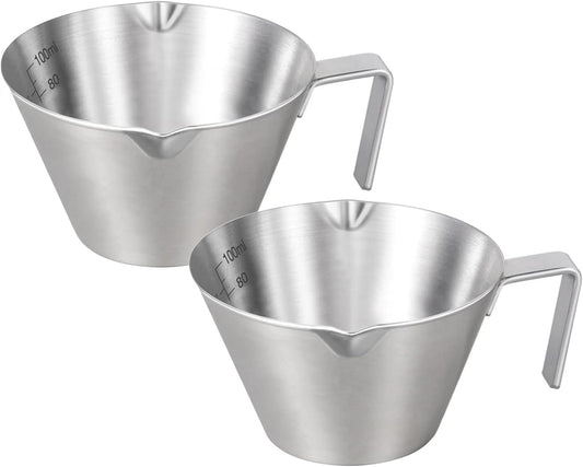 Stainless Steel Espresso Shot Cup, 3.4oz (Silver, 2 Pack) | Heat Insulated Grip, Stackable, Dual-Scale Accuracy, Easy to Rinse Clean, Fits Espresso Maker