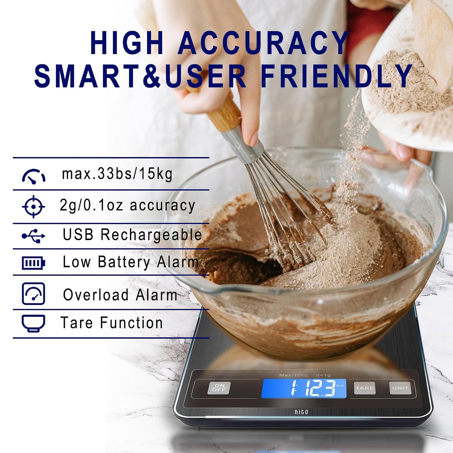Food Scale 22lb Digital Kitchen Scale Rechargeable Waterproof Weight Grams and oz 1g/0.1oz Precise, for Weight Loss, Cooking and Baking, Black