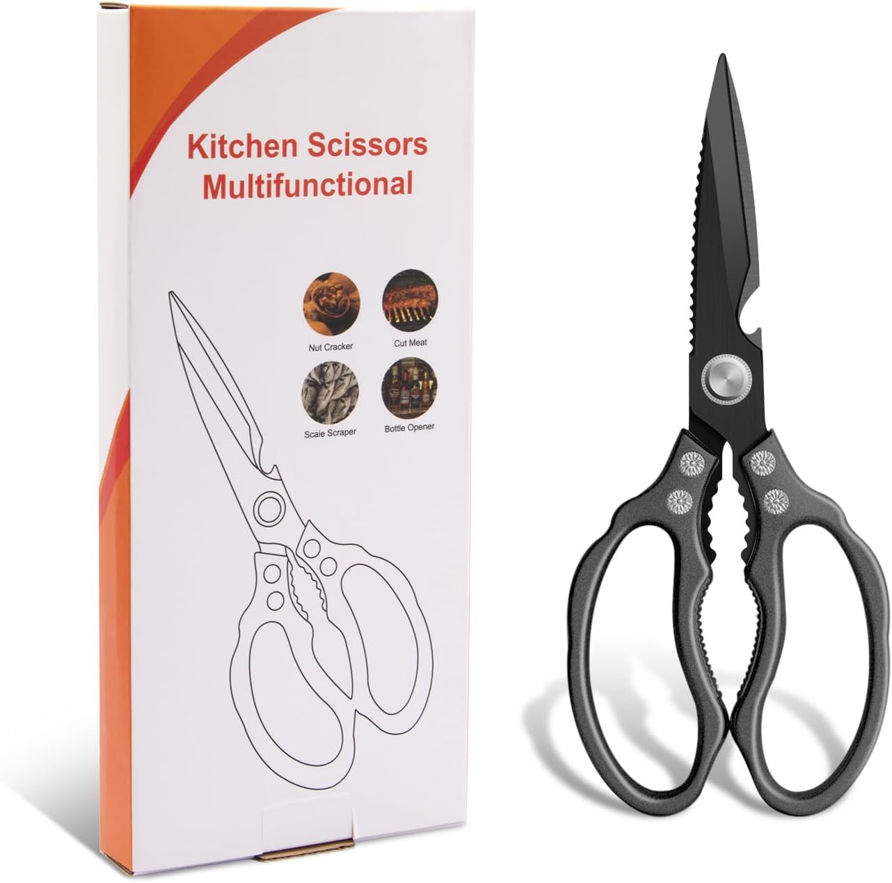 Kitchen Scissors, Multi-Purpose Kitchen Shears, Heavy Duty Dishwasher Safe Food Scissors for Chicken, Poultry, Fish, Meat & Herbs with Non-Slip Grips - Sliver