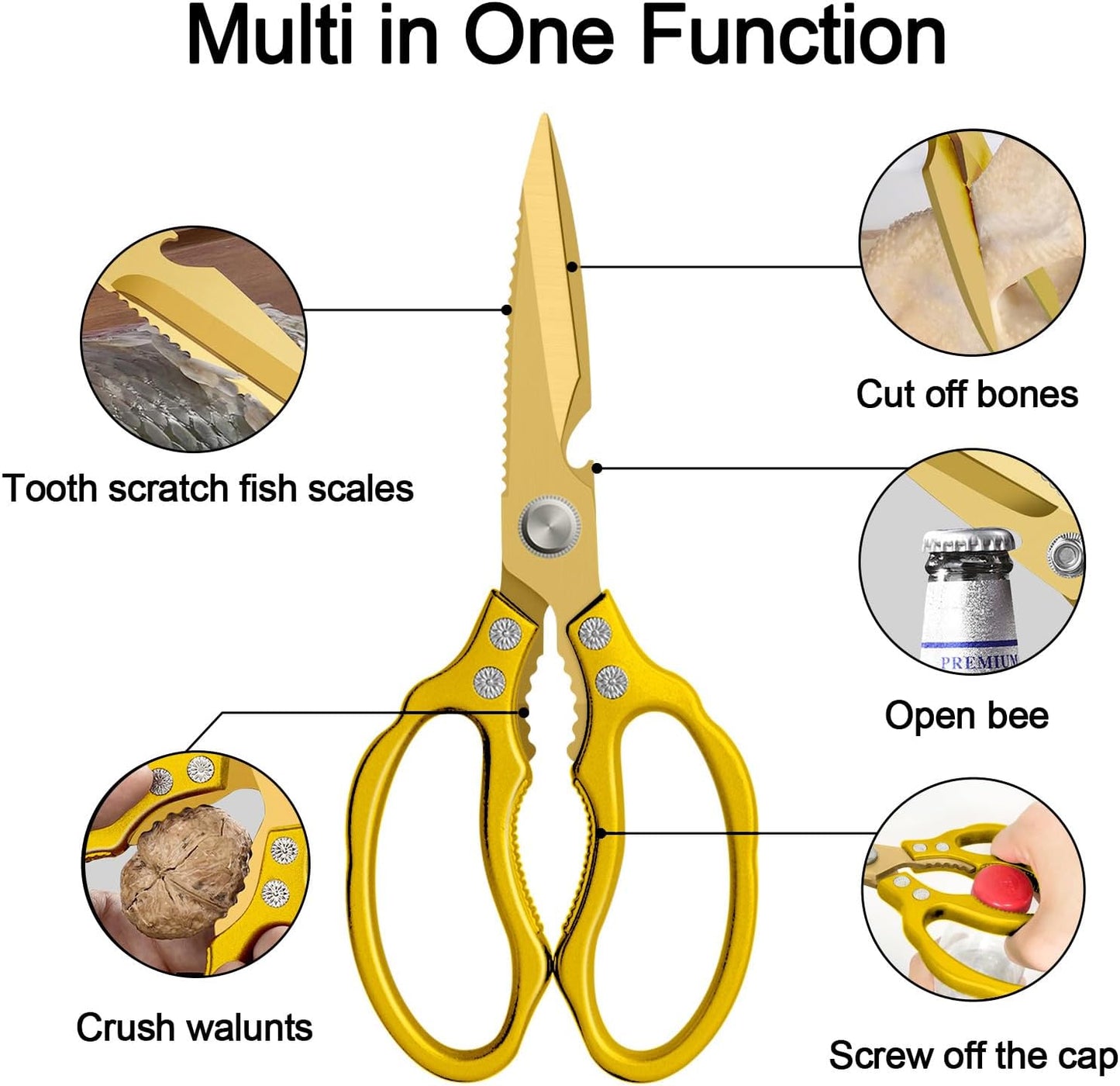 Kitchen Scissors, Multi-Purpose Kitchen Shears, Heavy Duty Dishwasher Safe Food Scissors for Chicken, Poultry, Fish, Meat & Herbs with Non-Slip Grips - Sliver
