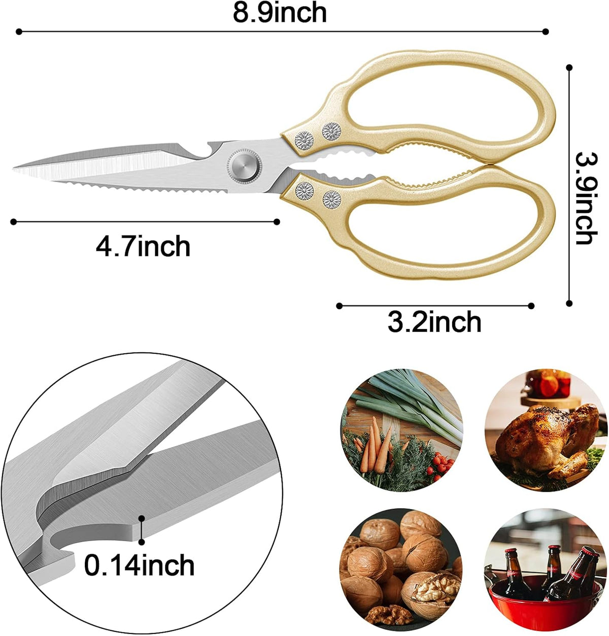 Kitchen Scissors, Multi-Purpose Kitchen Shears, Heavy Duty Dishwasher Safe Food Scissors for Chicken, Poultry, Fish, Meat & Herbs with Non-Slip Grips - Sliver