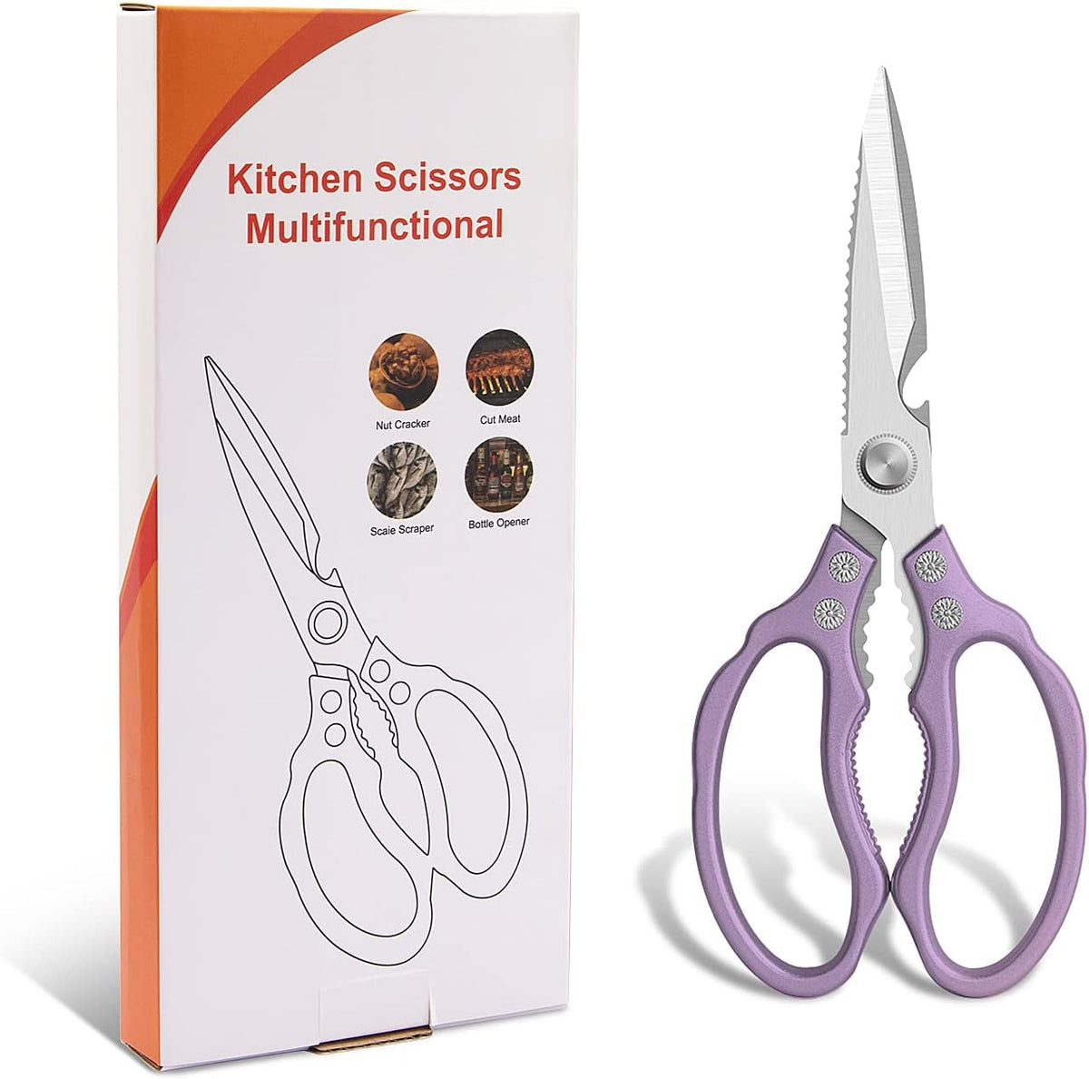 Kitchen Scissors, Multi-Purpose Kitchen Shears, Heavy Duty Dishwasher Safe Food Scissors for Chicken, Poultry, Fish, Meat & Herbs with Non-Slip Grips - Sliver