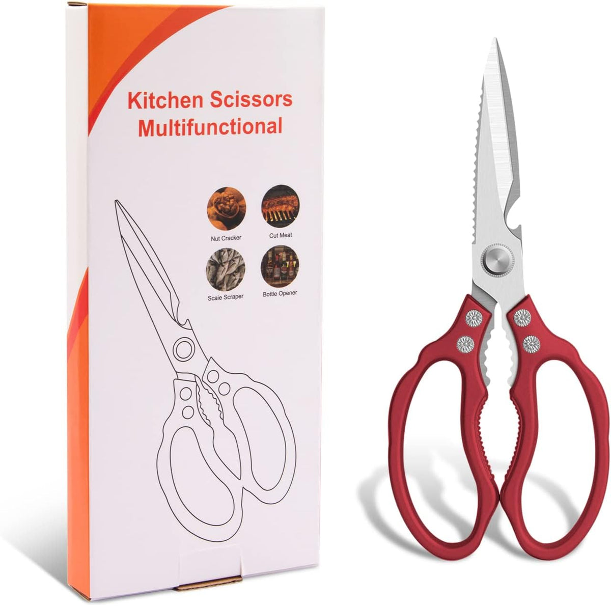 Kitchen Scissors, Multi-Purpose Kitchen Shears, Heavy Duty Dishwasher Safe Food Scissors for Chicken, Poultry, Fish, Meat & Herbs with Non-Slip Grips - Sliver