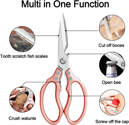 Kitchen Scissors, Multi-Purpose Kitchen Shears, Heavy Duty Dishwasher Safe Food Scissors for Chicken, Poultry, Fish, Meat & Herbs with Non-Slip Grips - Sliver