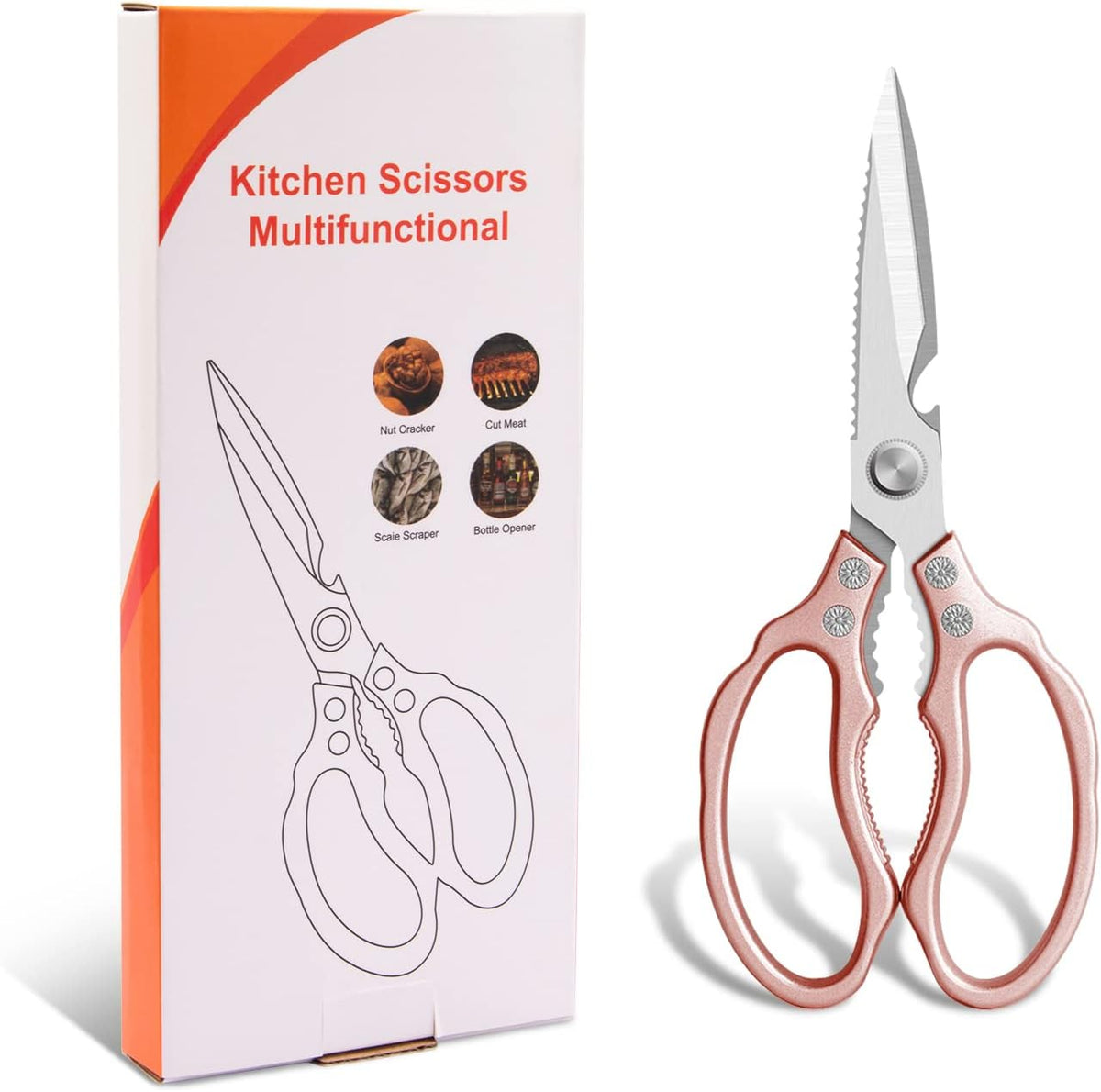 Kitchen Scissors, Multi-Purpose Kitchen Shears, Heavy Duty Dishwasher Safe Food Scissors for Chicken, Poultry, Fish, Meat & Herbs with Non-Slip Grips - Sliver