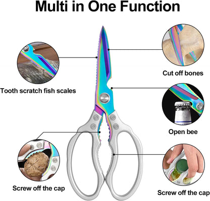Kitchen Scissors, Multi-Purpose Kitchen Shears, Heavy Duty Dishwasher Safe Food Scissors for Chicken, Poultry, Fish, Meat & Herbs with Non-Slip Grips - Sliver