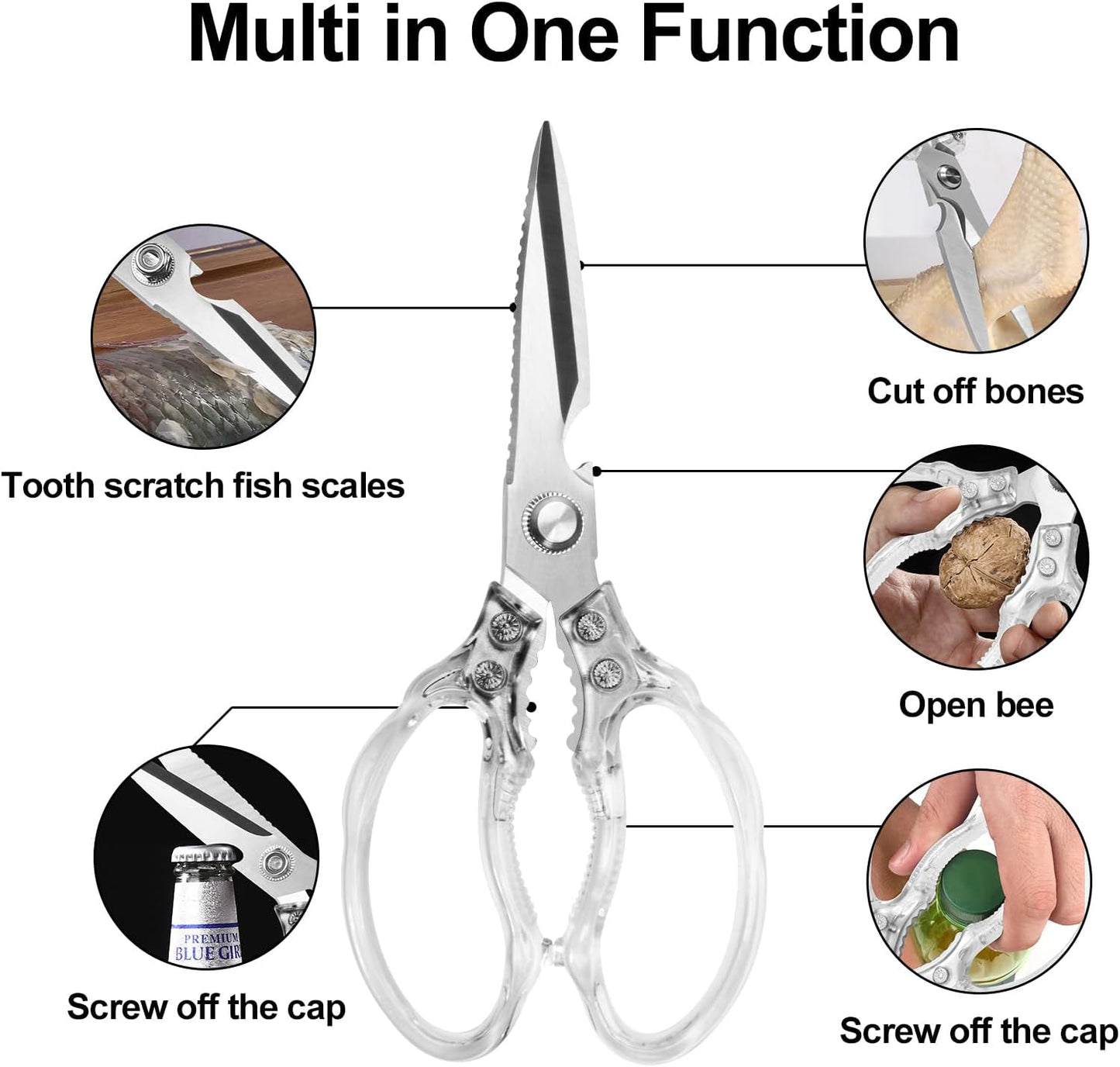 Kitchen Scissors, Multi-Purpose Kitchen Shears, Heavy Duty Dishwasher Safe Food Scissors for Chicken, Poultry, Fish, Meat & Herbs with Non-Slip Grips - Sliver