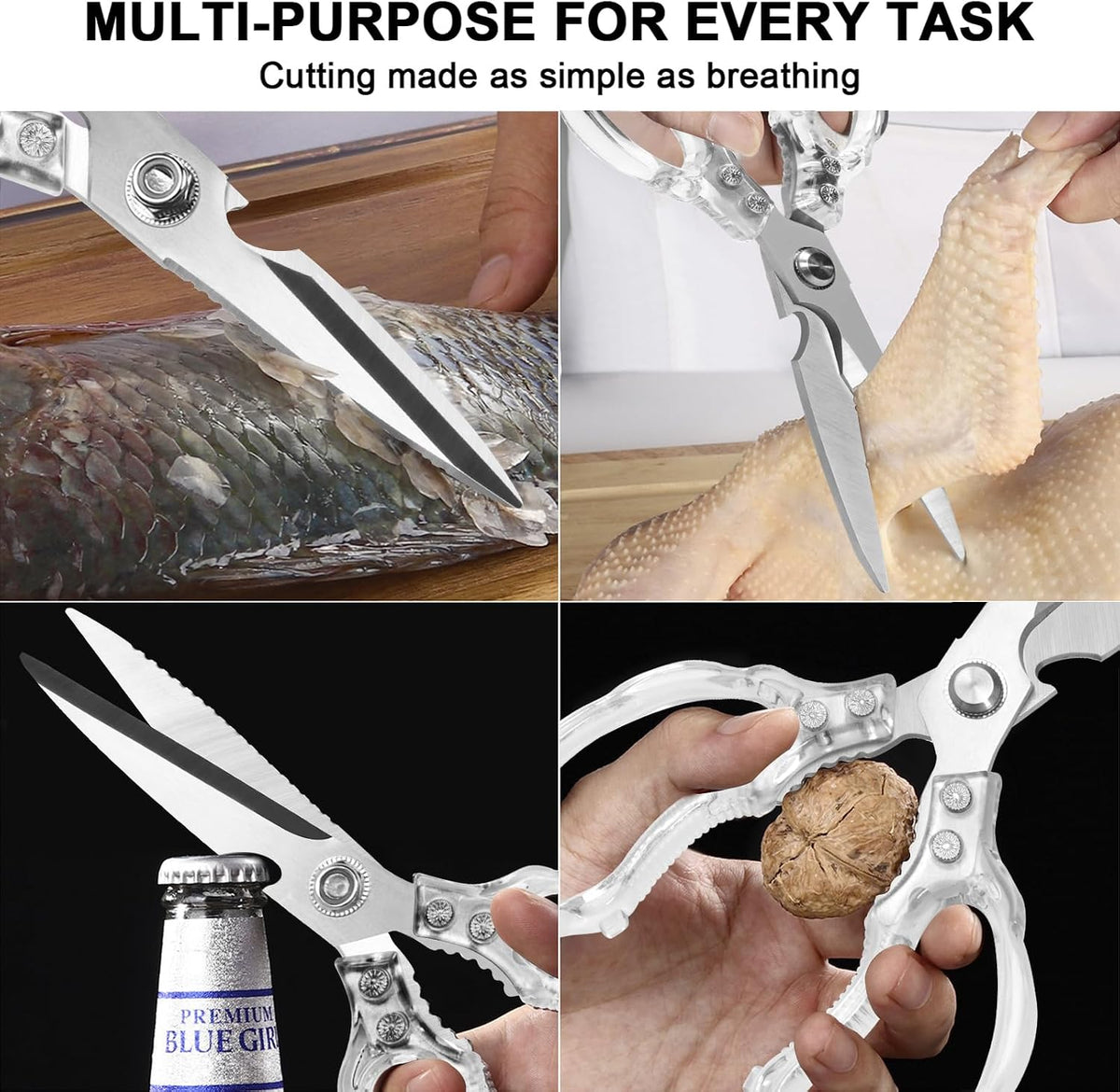 Kitchen Scissors, Multi-Purpose Kitchen Shears, Heavy Duty Dishwasher Safe Food Scissors for Chicken, Poultry, Fish, Meat & Herbs with Non-Slip Grips - Sliver