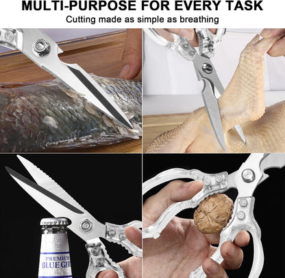 Kitchen Scissors, Multi-Purpose Kitchen Shears, Heavy Duty Dishwasher Safe Food Scissors for Chicken, Poultry, Fish, Meat & Herbs with Non-Slip Grips - Sliver