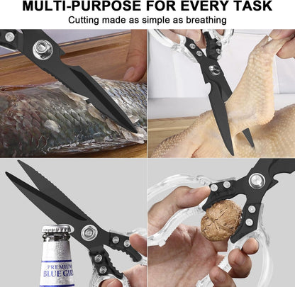 Kitchen Scissors, Multi-Purpose Kitchen Shears, Heavy Duty Dishwasher Safe Food Scissors for Chicken, Poultry, Fish, Meat & Herbs with Non-Slip Grips - Sliver
