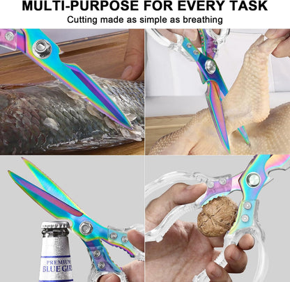 Kitchen Scissors, Multi-Purpose Kitchen Shears, Heavy Duty Dishwasher Safe Food Scissors for Chicken, Poultry, Fish, Meat & Herbs with Non-Slip Grips - Sliver