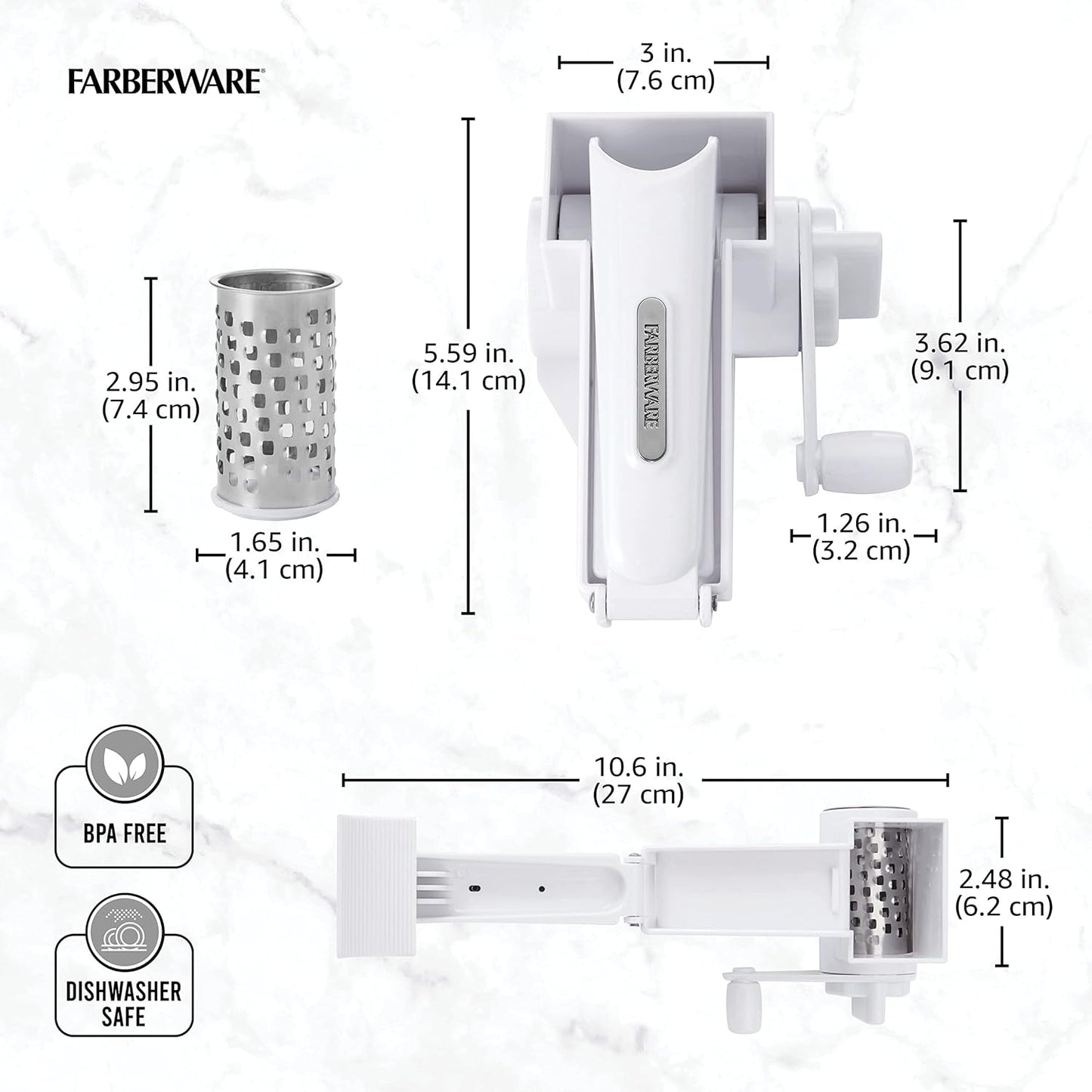Pro Rotary Cheese Grater, Hand Crank Parmesan Grater with Stainless Steel Drum, Ergonomic Handle, Dishwasher Safe, White