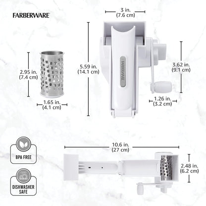 Pro Rotary Cheese Grater, Hand Crank Parmesan Grater with Stainless Steel Drum, Ergonomic Handle, Dishwasher Safe, White