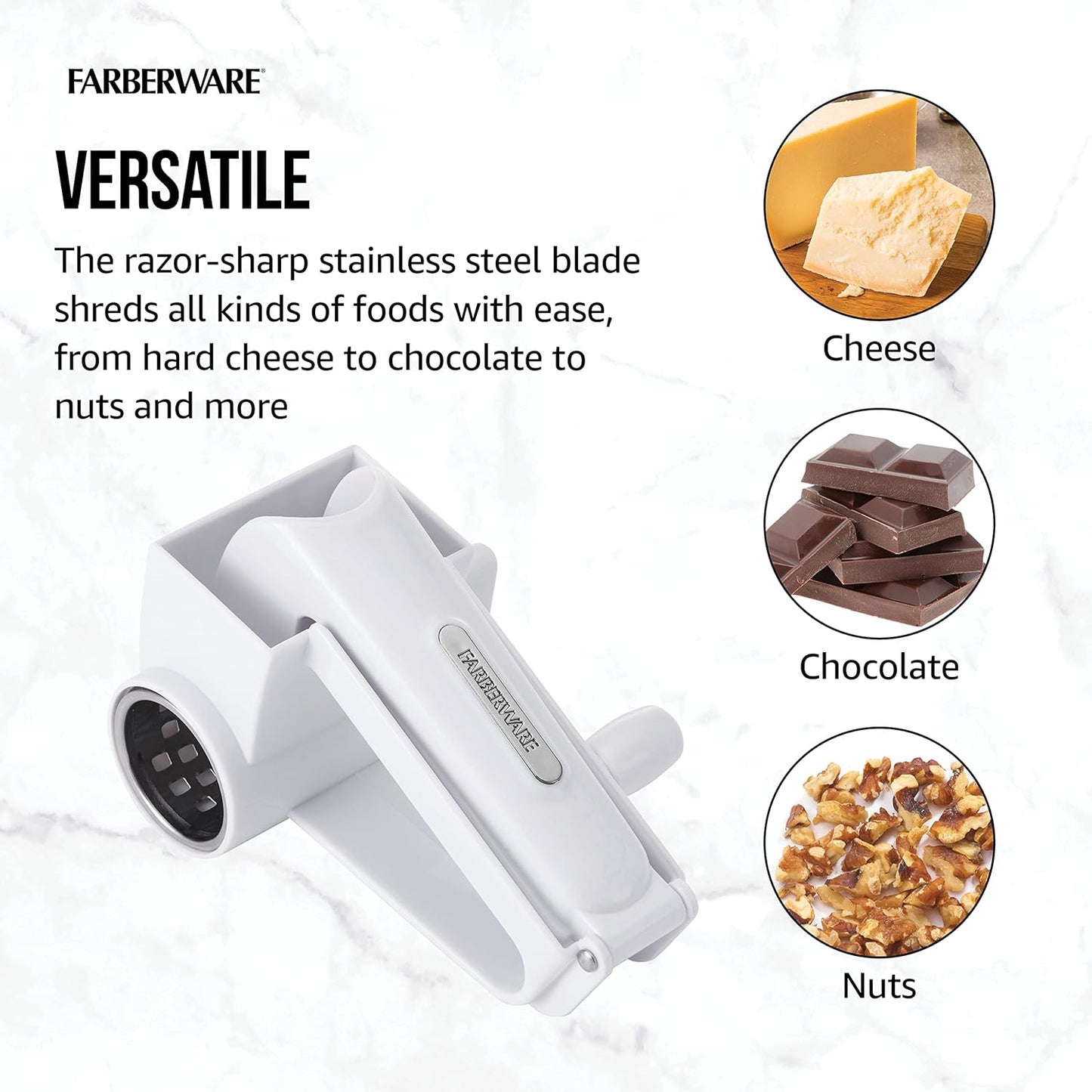 Pro Rotary Cheese Grater, Hand Crank Parmesan Grater with Stainless Steel Drum, Ergonomic Handle, Dishwasher Safe, White