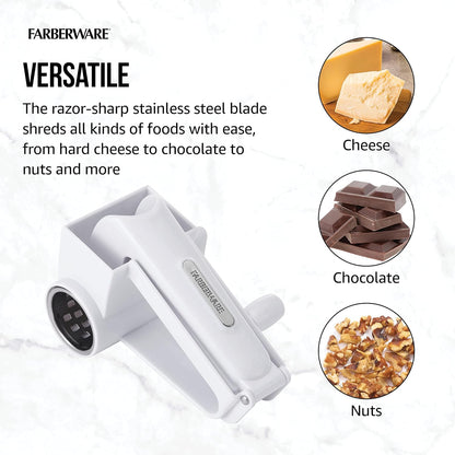 Pro Rotary Cheese Grater, Hand Crank Parmesan Grater with Stainless Steel Drum, Ergonomic Handle, Dishwasher Safe, White