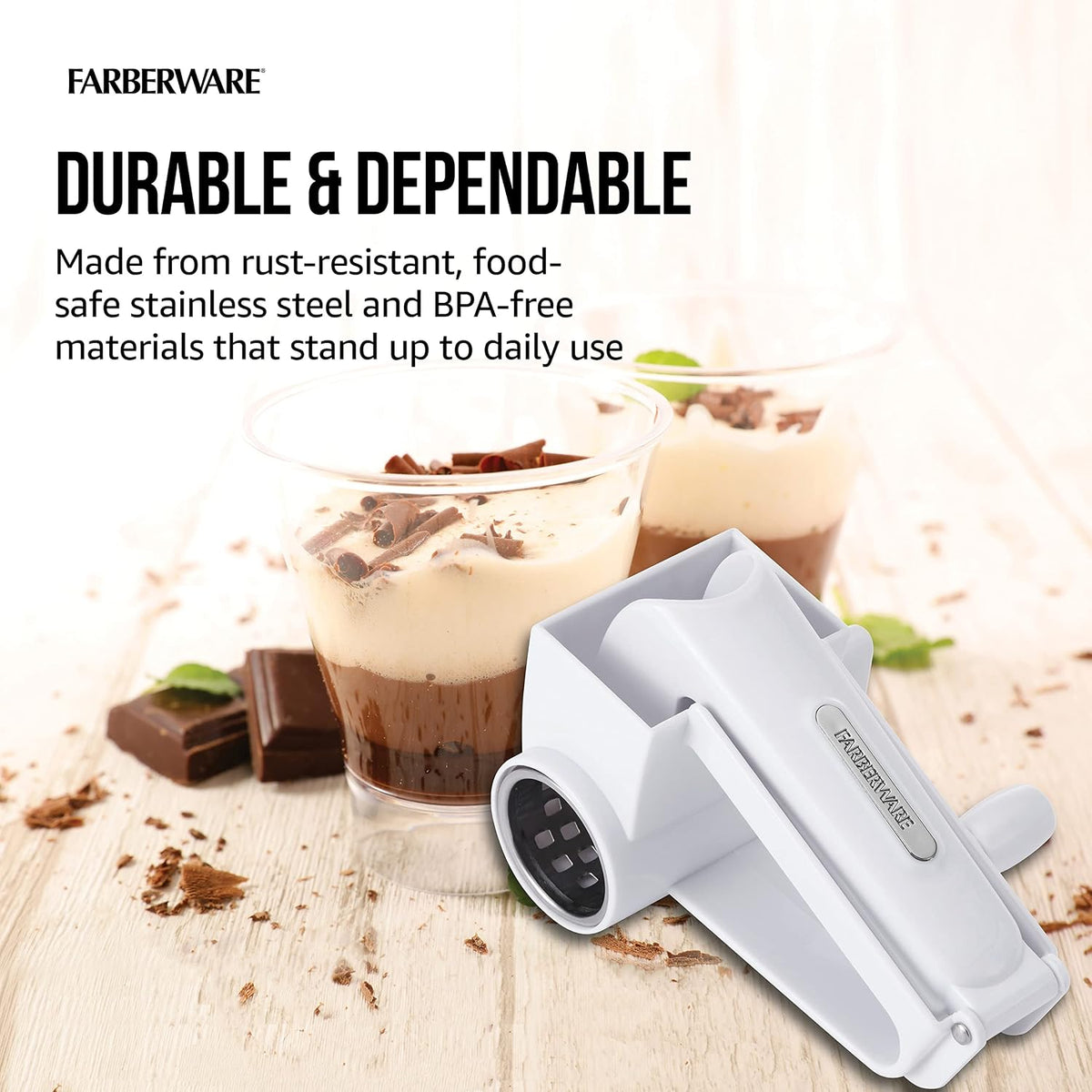 Pro Rotary Cheese Grater, Hand Crank Parmesan Grater with Stainless Steel Drum, Ergonomic Handle, Dishwasher Safe, White