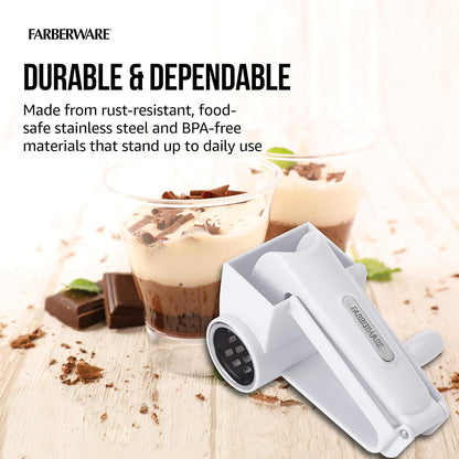 Pro Rotary Cheese Grater, Hand Crank Parmesan Grater with Stainless Steel Drum, Ergonomic Handle, Dishwasher Safe, White