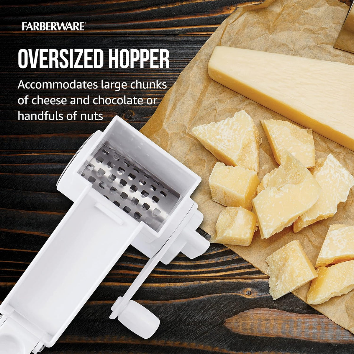 Pro Rotary Cheese Grater, Hand Crank Parmesan Grater with Stainless Steel Drum, Ergonomic Handle, Dishwasher Safe, White