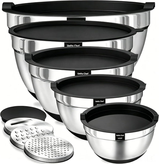 Mixing Bowls with Airtight Lids, 8PCS Stainless Steel Nesting Mixing Bowls Set, 3 Grater Attachments & Non-Slip Bottoms, Black Kitchen Bowls, Size 5, 4, 3.5, 2, 1.5QT for Baking & Serving