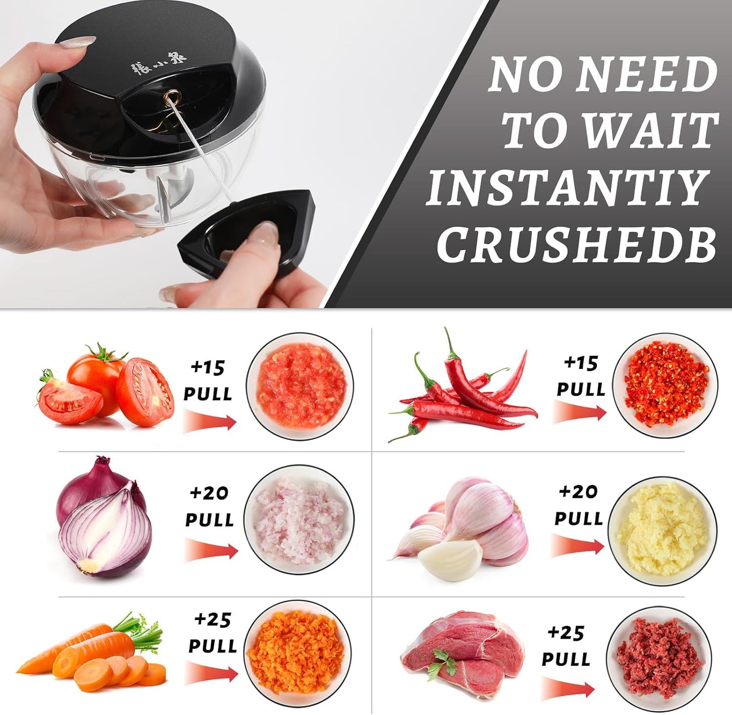 Manual Vegetable Chopper Hand Pull String Garlic Mincer Onion Cutter Manual Food Processor for Ginger, Chili, Fruit, Meat, Nuts Mini Portable Food Chopper 250ml