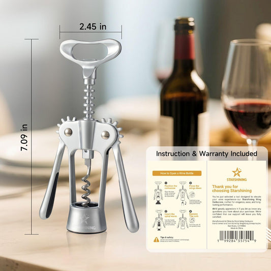 Wing Corkscrew Wine Opener with Sharp Spiral Screw Matte Silver | Popular Household Cork Remover with Wire Helix for kitchens Restraunts,Practical Gift for sommeliers Wine Beginners