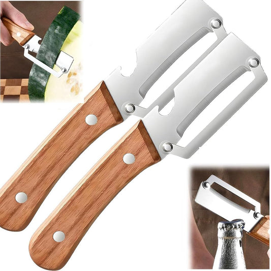 2Pack 2-1 Multi-functional Vegetable Peeler,New Kitchen Multi-function Stainless Steel Thickened Fruit Peeler Knife with Wooden Handle and Bottle Opener for Vegetables or Fruits that Need to Be Peeled