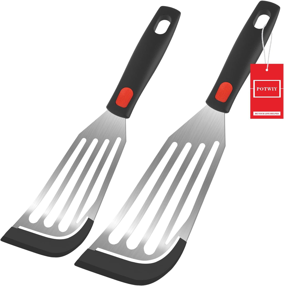 Silicone Fish Spatula Set of 2, Fish Spatulas for Nonstick Cookware with Heat Resistant Silicone Edge and Handle, Kitchen Flexible Slotted Turner for Cooking Egg, Pancake (Black)