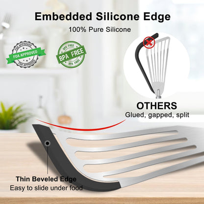Silicone Fish Spatula Set of 2, Fish Spatulas for Nonstick Cookware with Heat Resistant Silicone Edge and Handle, Kitchen Flexible Slotted Turner for Cooking Egg, Pancake (Black)