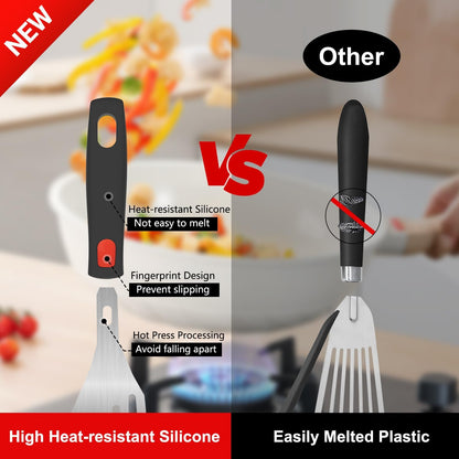 Silicone Fish Spatula Set of 2, Fish Spatulas for Nonstick Cookware with Heat Resistant Silicone Edge and Handle, Kitchen Flexible Slotted Turner for Cooking Egg, Pancake (Black)