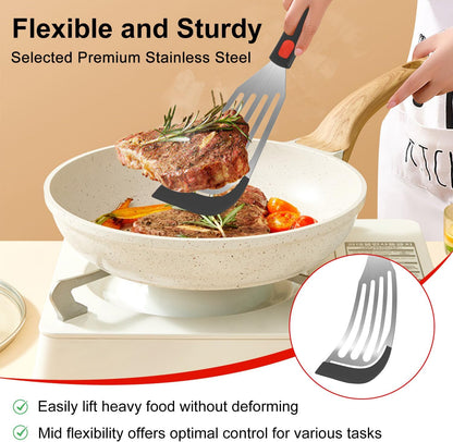 Silicone Fish Spatula Set of 2, Fish Spatulas for Nonstick Cookware with Heat Resistant Silicone Edge and Handle, Kitchen Flexible Slotted Turner for Cooking Egg, Pancake (Black)