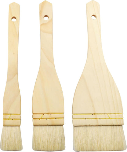 3Pcs Flat Hake Brushes, Sheep Hair Bristles, 1/2/3 Inch | Paint Brush Set for Watercolor, Wash & Pottery Painting, Baking Pastry Brush, BBQ Grill Brush for Kitchen