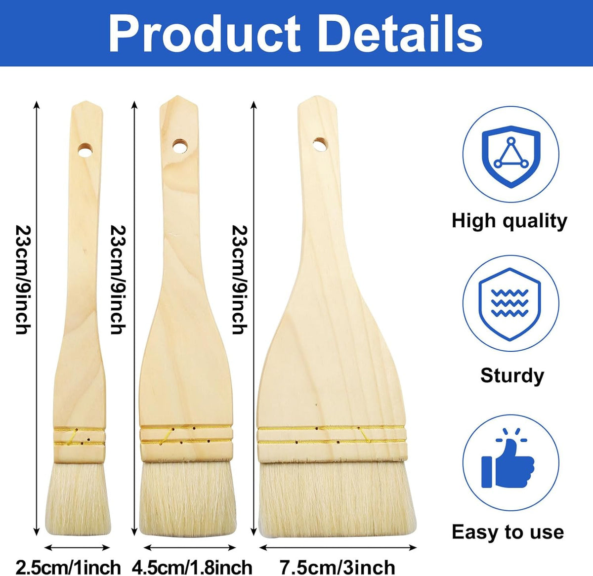 3Pcs Flat Hake Brushes, Sheep Hair Bristles, 1/2/3 Inch | Paint Brush Set for Watercolor, Wash & Pottery Painting, Baking Pastry Brush, BBQ Grill Brush for Kitchen