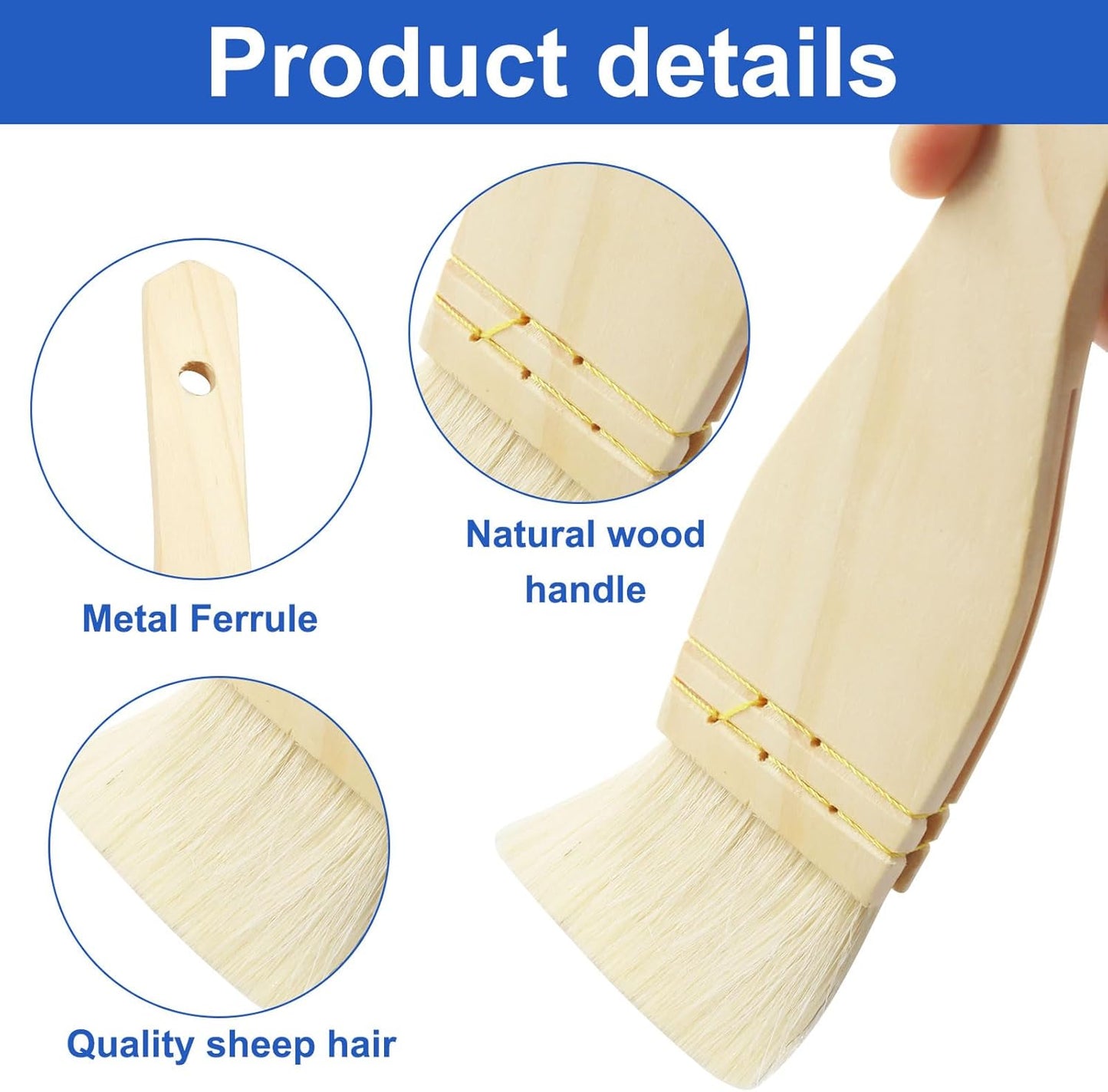 3Pcs Flat Hake Brushes, Sheep Hair Bristles, 1/2/3 Inch | Paint Brush Set for Watercolor, Wash & Pottery Painting, Baking Pastry Brush, BBQ Grill Brush for Kitchen