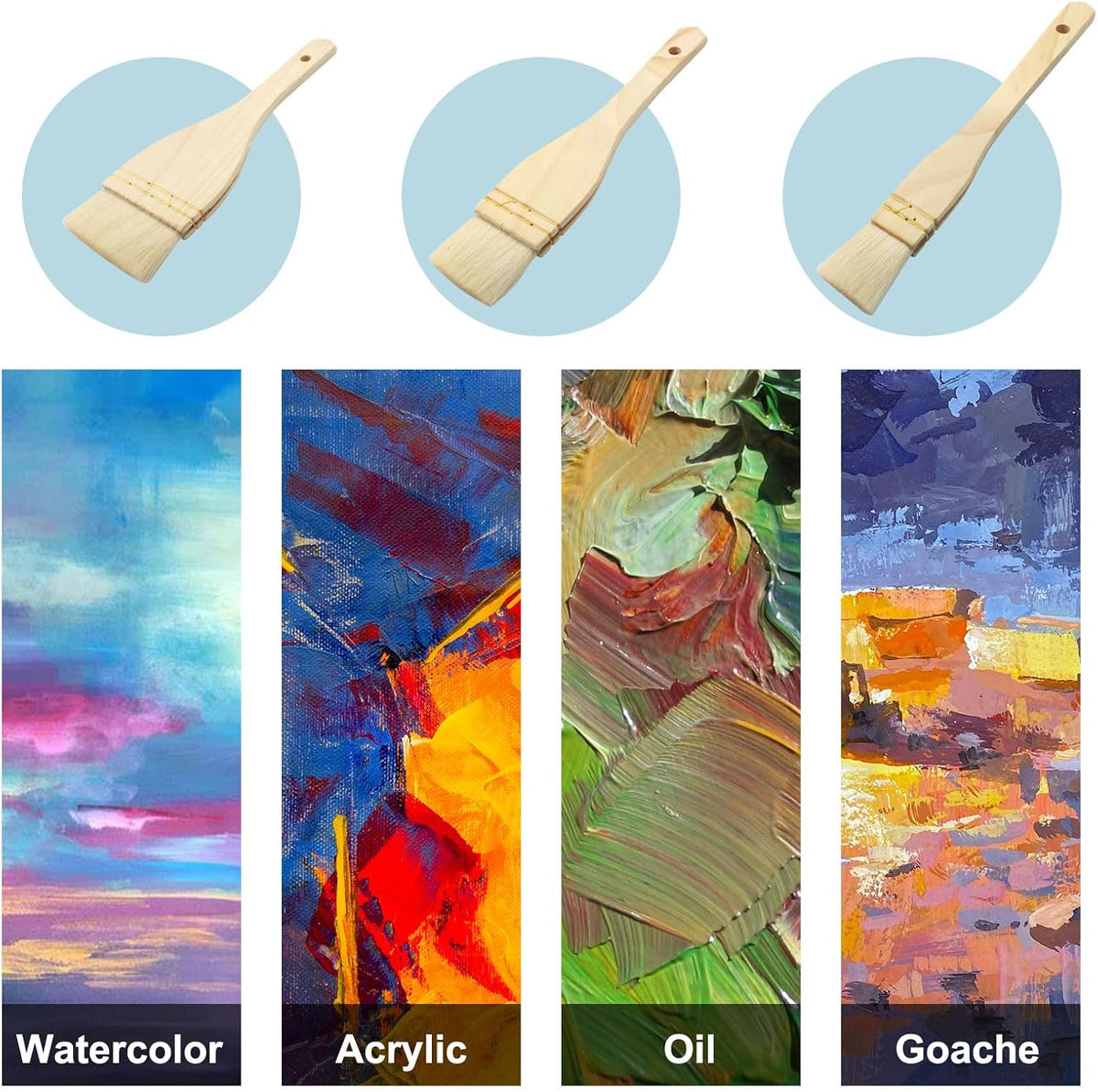 3Pcs Flat Hake Brushes, Sheep Hair Bristles, 1/2/3 Inch | Paint Brush Set for Watercolor, Wash & Pottery Painting, Baking Pastry Brush, BBQ Grill Brush for Kitchen