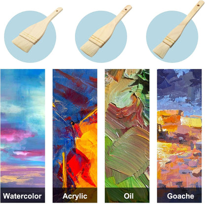 3Pcs Flat Hake Brushes, Sheep Hair Bristles, 1/2/3 Inch | Paint Brush Set for Watercolor, Wash & Pottery Painting, Baking Pastry Brush, BBQ Grill Brush for Kitchen