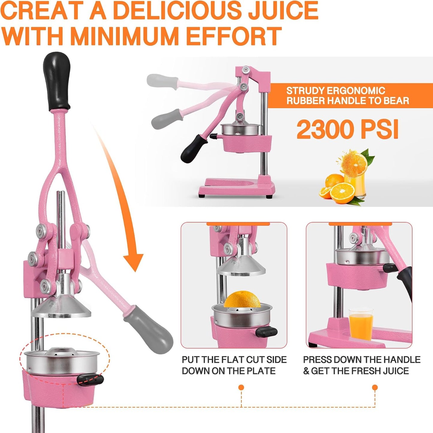Commercial Heavy Duty Cast Iron Hand Press Manual Orange Citrus Lemon Lime Grapefruit Pomegranate Fruit Juice Squeezer Machine with Stainless Steel Cup
