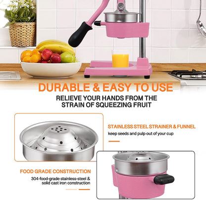 Commercial Heavy Duty Cast Iron Hand Press Manual Orange Citrus Lemon Lime Grapefruit Pomegranate Fruit Juice Squeezer Machine with Stainless Steel Cup