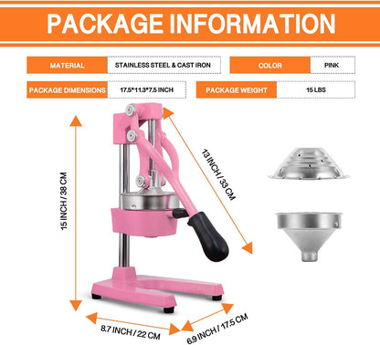 Commercial Heavy Duty Cast Iron Hand Press Manual Orange Citrus Lemon Lime Grapefruit Pomegranate Fruit Juice Squeezer Machine with Stainless Steel Cup