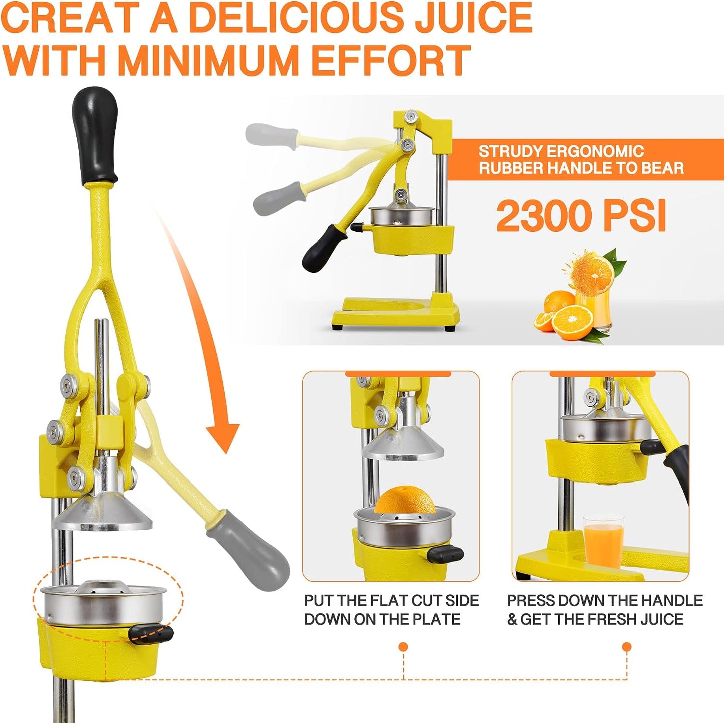 Commercial Heavy Duty Cast Iron Hand Press Manual Orange Citrus Lemon Lime Grapefruit Pomegranate Fruit Juice Squeezer Machine with Stainless Steel Cup
