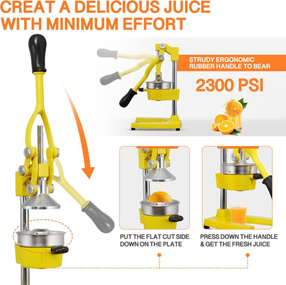 Commercial Heavy Duty Cast Iron Hand Press Manual Orange Citrus Lemon Lime Grapefruit Pomegranate Fruit Juice Squeezer Machine with Stainless Steel Cup