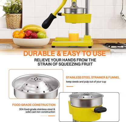 Commercial Heavy Duty Cast Iron Hand Press Manual Orange Citrus Lemon Lime Grapefruit Pomegranate Fruit Juice Squeezer Machine with Stainless Steel Cup