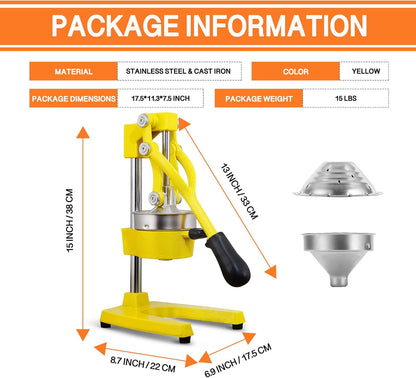 Commercial Heavy Duty Cast Iron Hand Press Manual Orange Citrus Lemon Lime Grapefruit Pomegranate Fruit Juice Squeezer Machine with Stainless Steel Cup