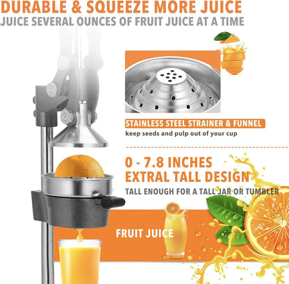 Commercial Heavy Duty Cast Iron Hand Press Manual Orange Citrus Lemon Lime Grapefruit Pomegranate Fruit Juice Squeezer Machine with Stainless Steel Cup