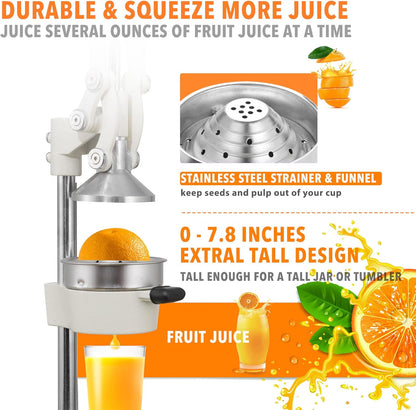 Commercial Heavy Duty Cast Iron Hand Press Manual Orange Citrus Lemon Lime Grapefruit Pomegranate Fruit Juice Squeezer Machine with Stainless Steel Cup