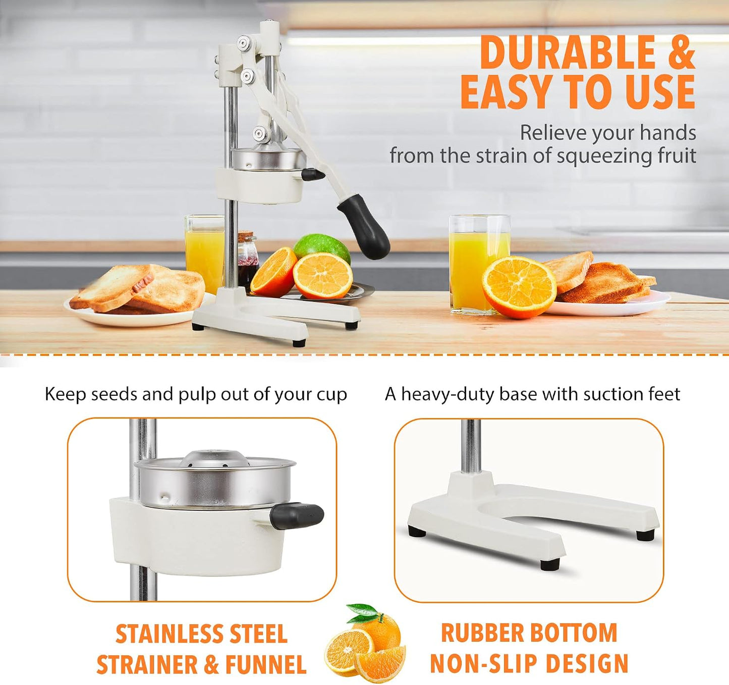 Commercial Heavy Duty Cast Iron Hand Press Manual Orange Citrus Lemon Lime Grapefruit Pomegranate Fruit Juice Squeezer Machine with Stainless Steel Cup