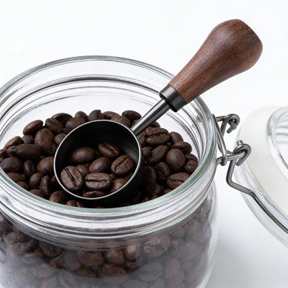 Retro Vintage Stainless Steel Coffee Scoop with Walnut Wood Handle, 10g Espresso Measure, 30ml Water Capacity (1, Gunmetal)